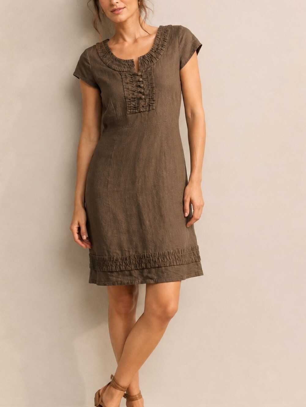 Boden 100% Linen Khaki Brown Ruffle Trim Shift Dress US 2R NWT